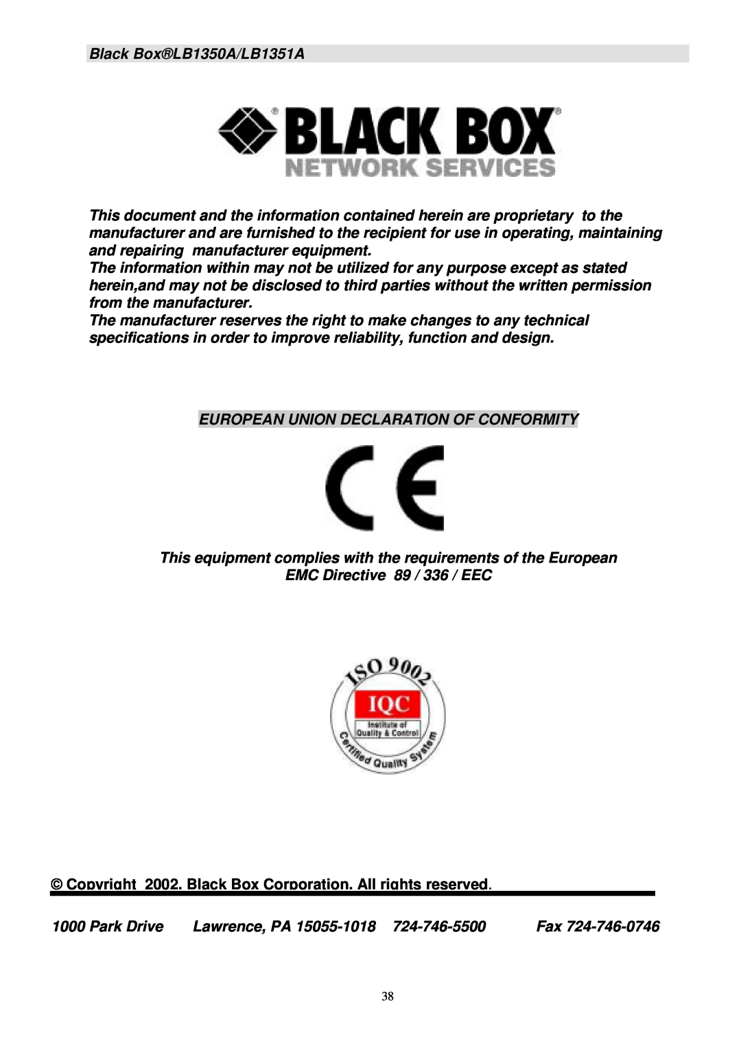 Black Box Black BoxLB1350A/LB1351A, European Union Declaration Of Conformity, EMC Directive 89 / 336 / EEC, Park Drive 