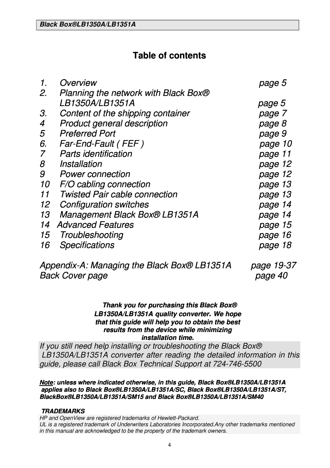 Black Box manual Table of contents, Black BoxLB1350A/LB1351A 