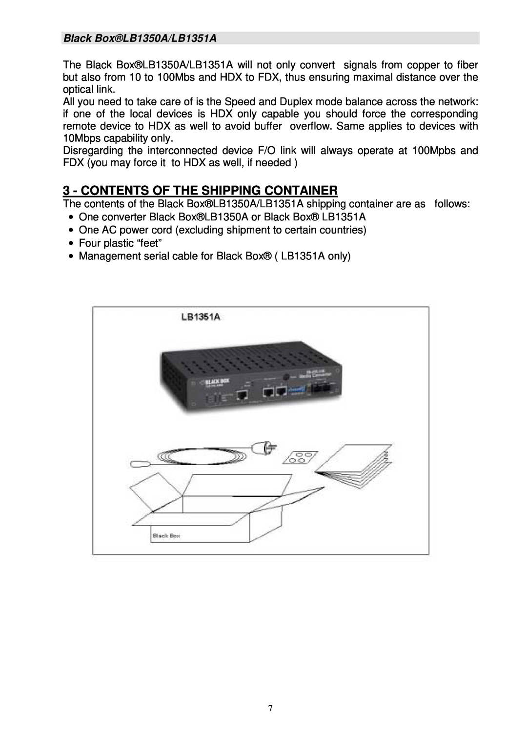 Black Box manual Contents Of The Shipping Container, Black BoxLB1350A/LB1351A 
