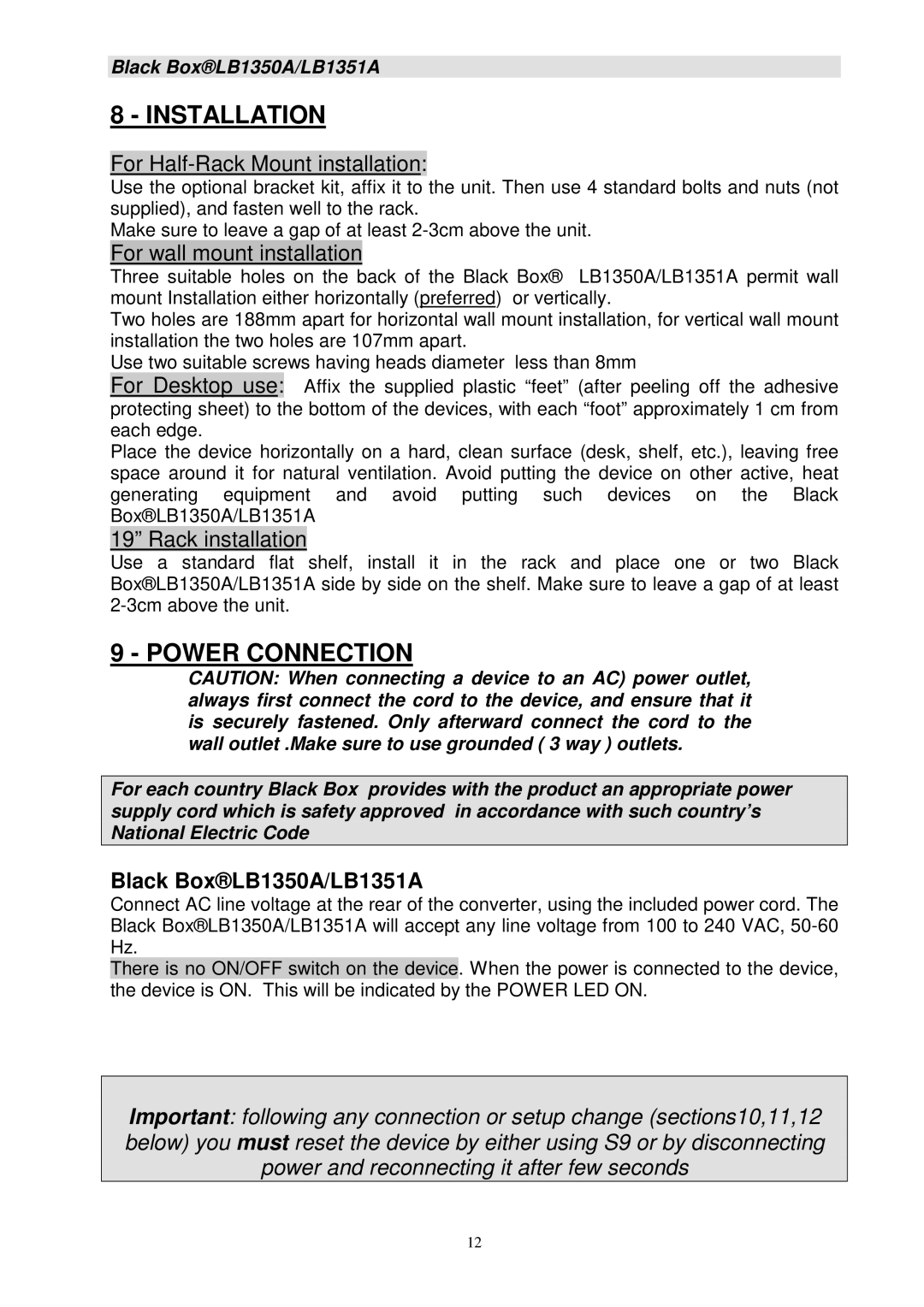 Black Box LB1350A, LB1351A manual Installation, Power Connection 