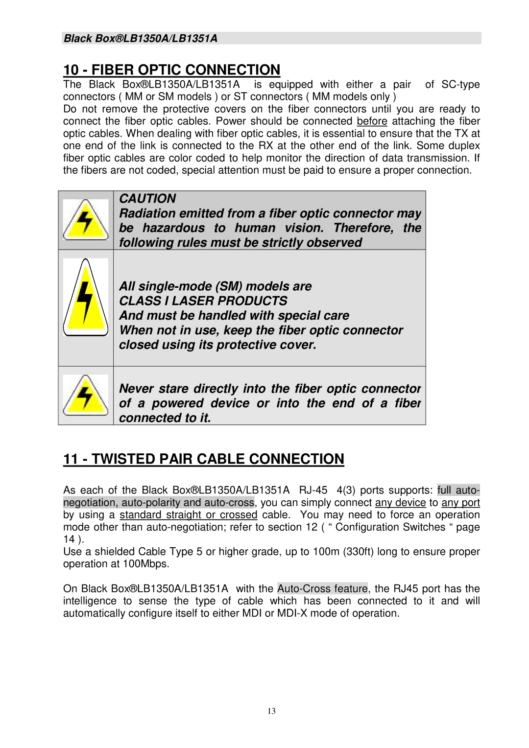 Black Box LB1351A, LB1350A manual Fiber Optic Connection, Twisted Pair Cable Connection 