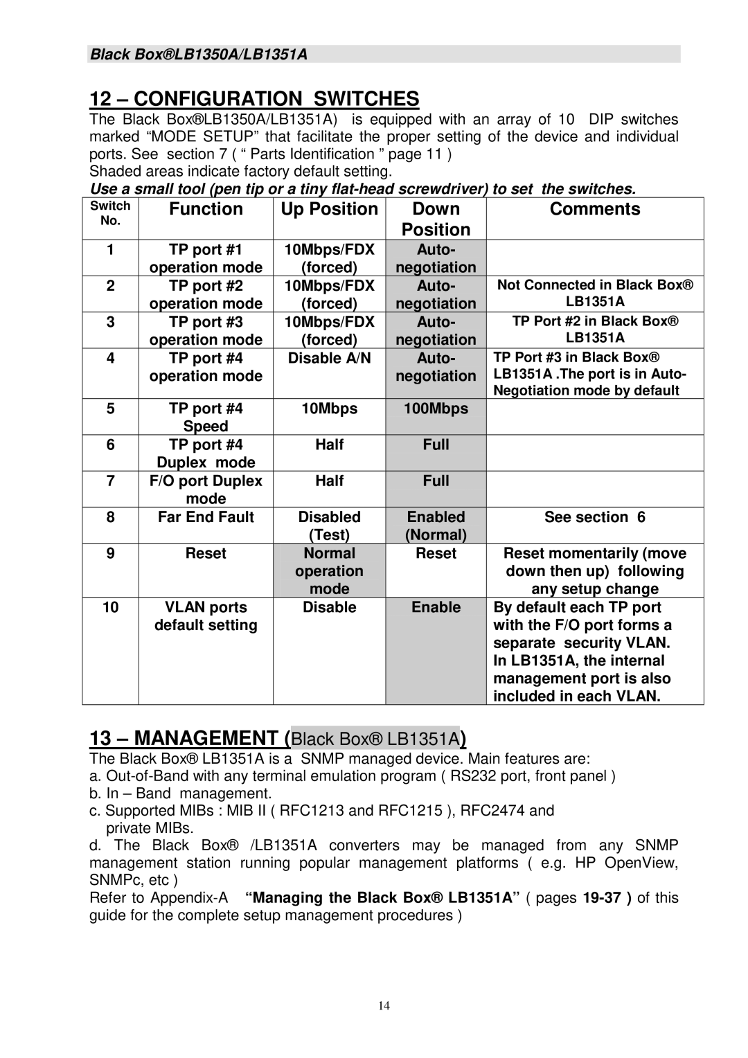 Black Box LB1350A, LB1351A manual Configuration Switches, Function Up Position Down Comments 