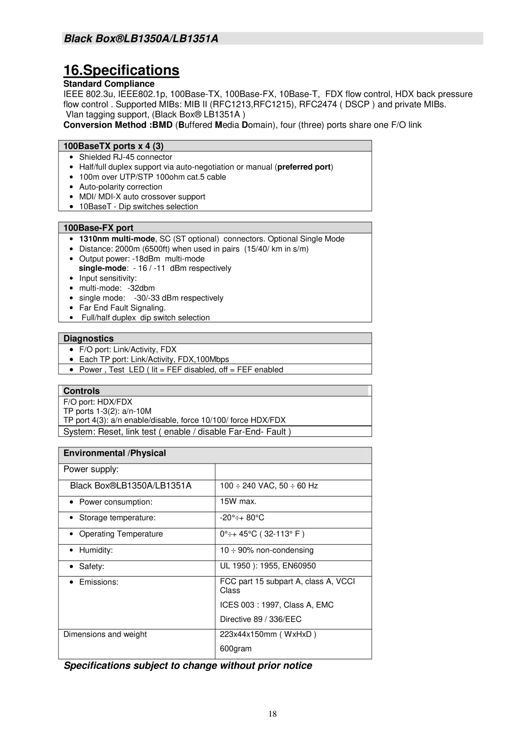 Black Box LB1350A, LB1351A manual Specifications 