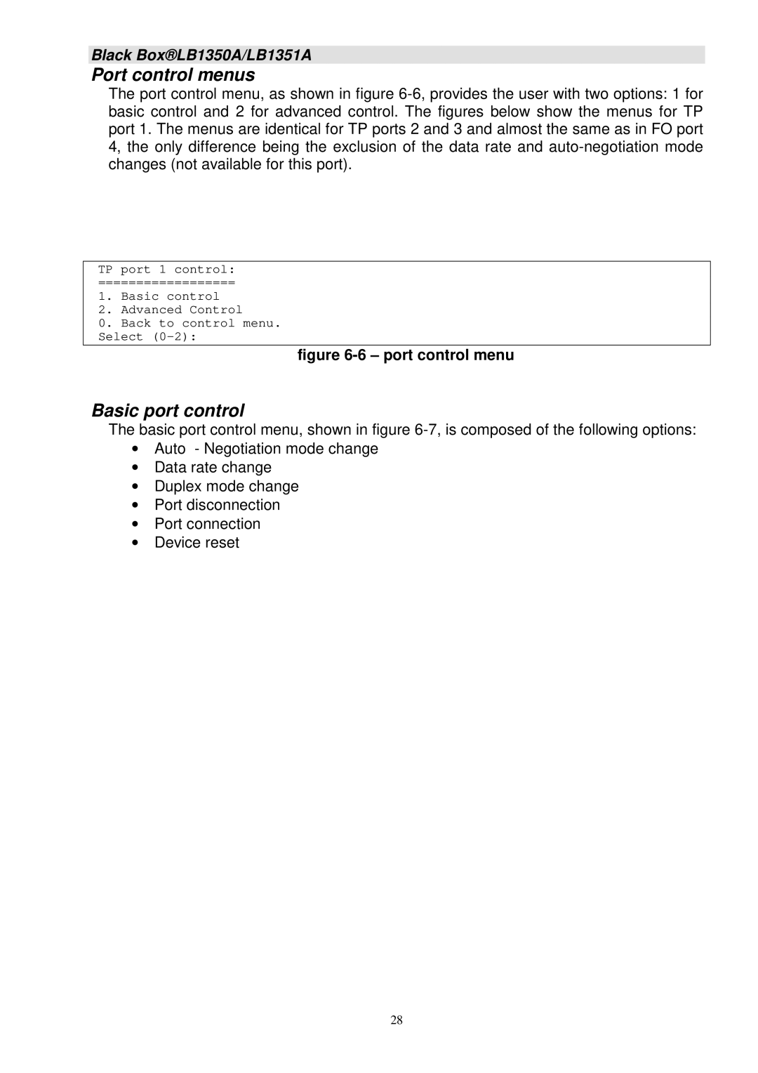 Black Box LB1350A, LB1351A manual Port control menus, Basic port control 