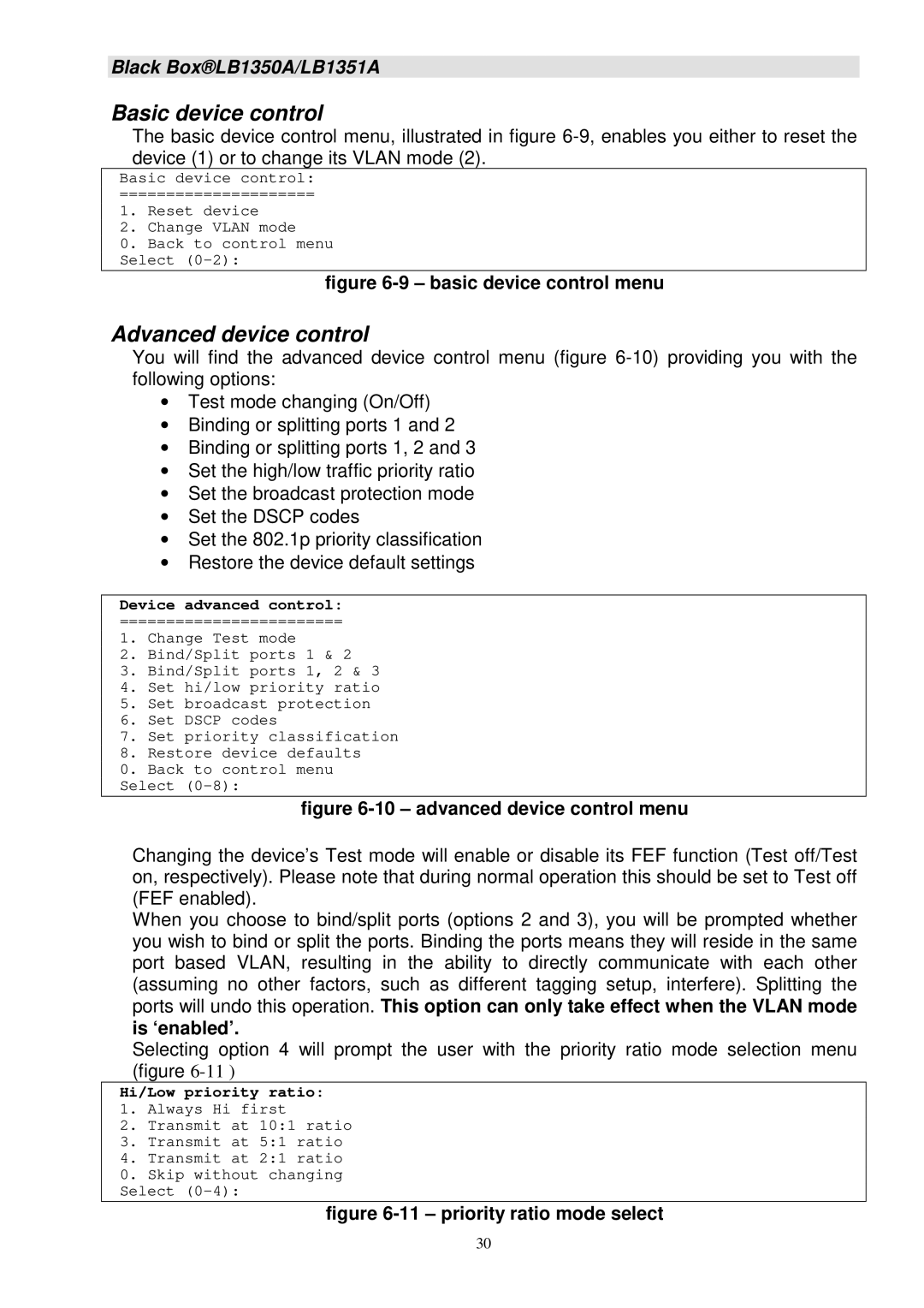 Black Box LB1350A, LB1351A manual Basic device control, Advanced device control 