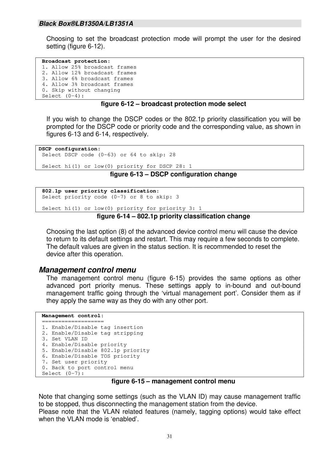 Black Box LB1351A, LB1350A manual Management control menu, Broadcast protection 