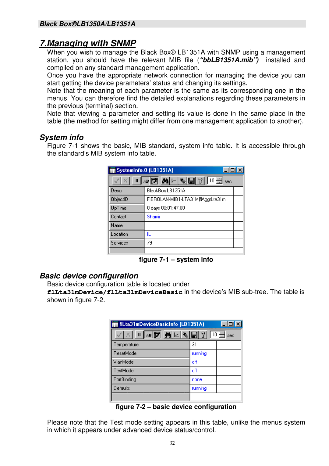 Black Box LB1350A, LB1351A manual Managing with Snmp, System info, Basic device configuration 