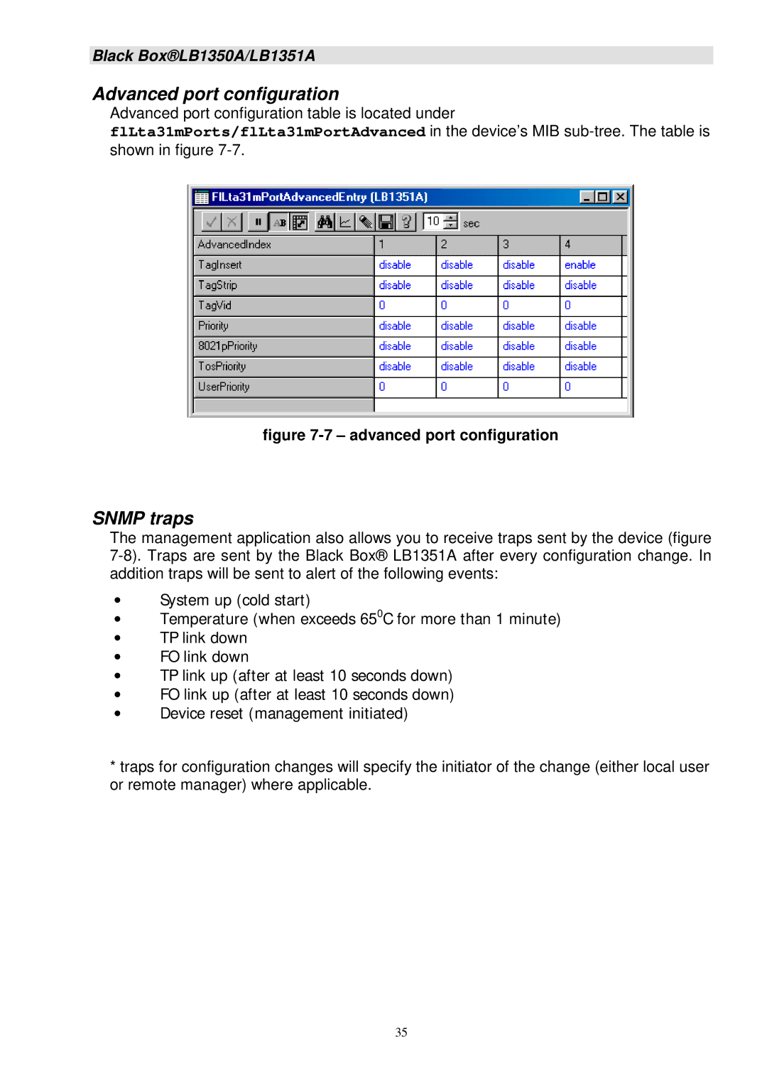 Black Box LB1351A, LB1350A manual Advanced port configuration, Snmp traps 