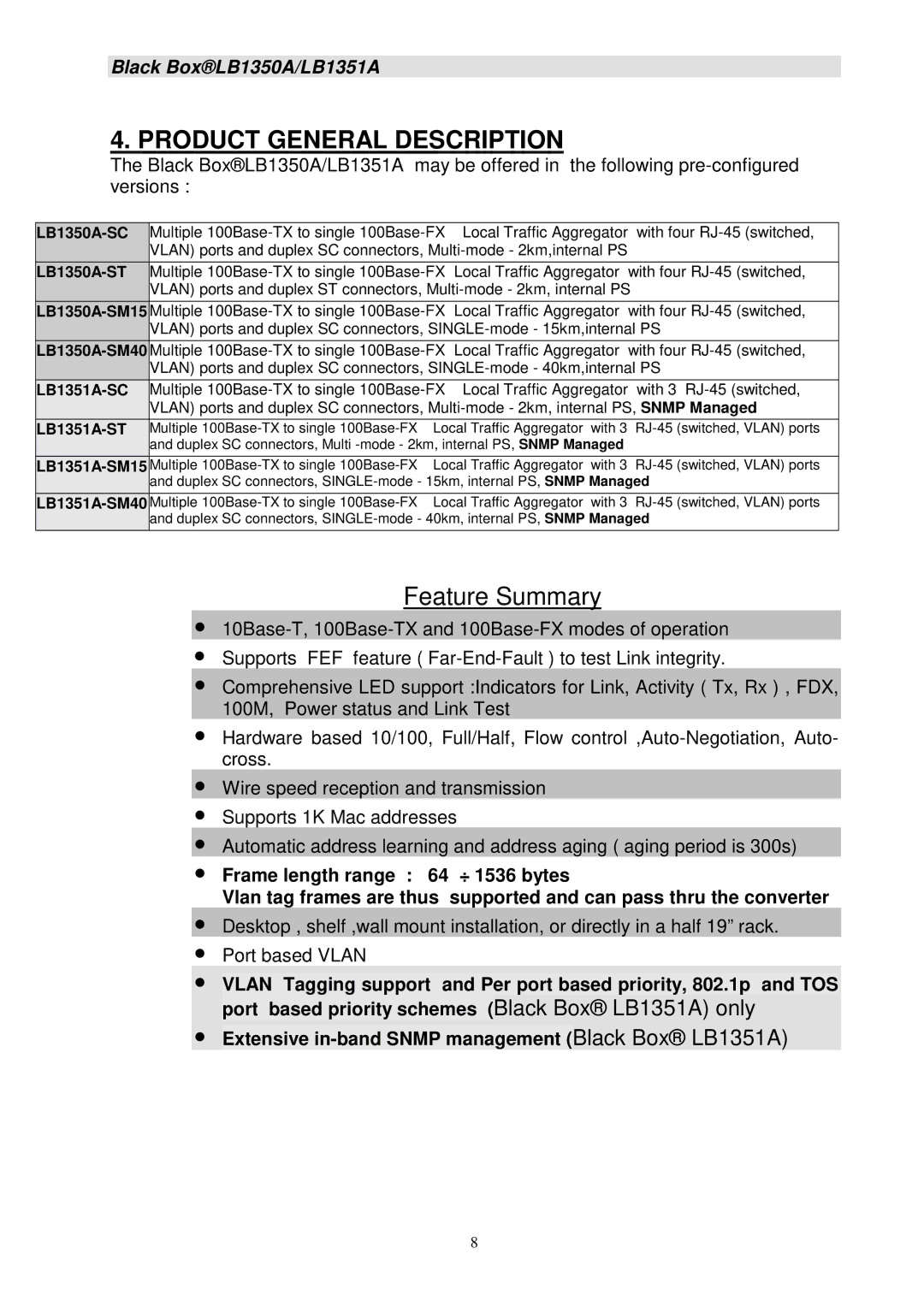 Black Box LB1351A manual Product General Description, LB1350A-SC 