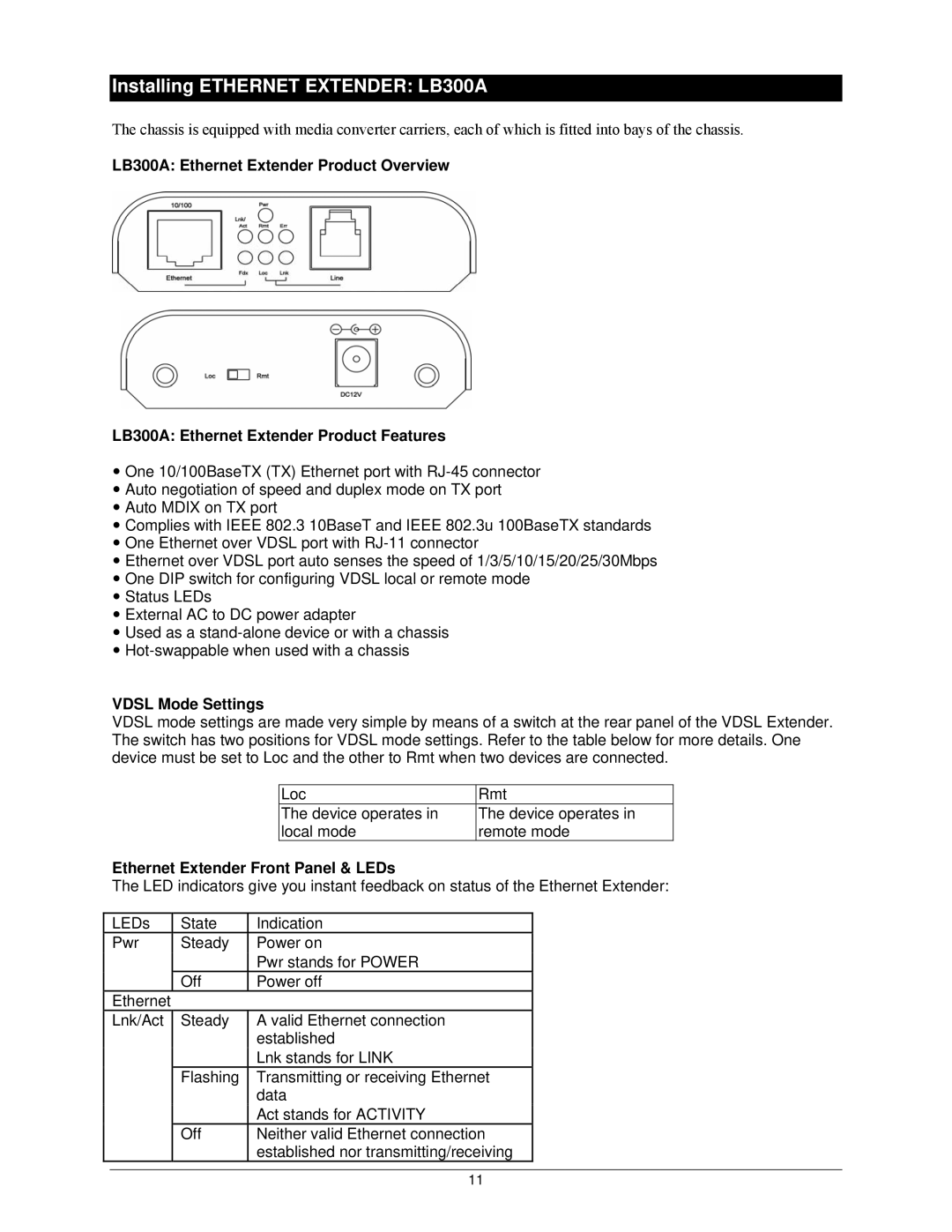 Black Box Ethernet Extender & Media Converter Rack, LB300A-RACK Installing Ethernet Extender LB300A, Vdsl Mode Settings 