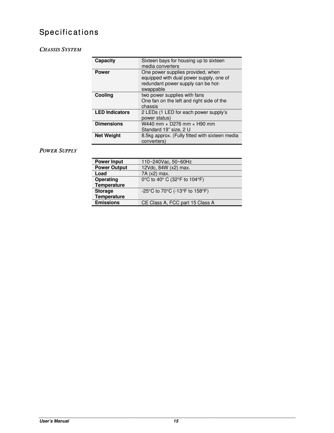 Black Box Ethernet Extender & Media Converter Rack, LB300A-RACK manual Specifications, Chassis System 