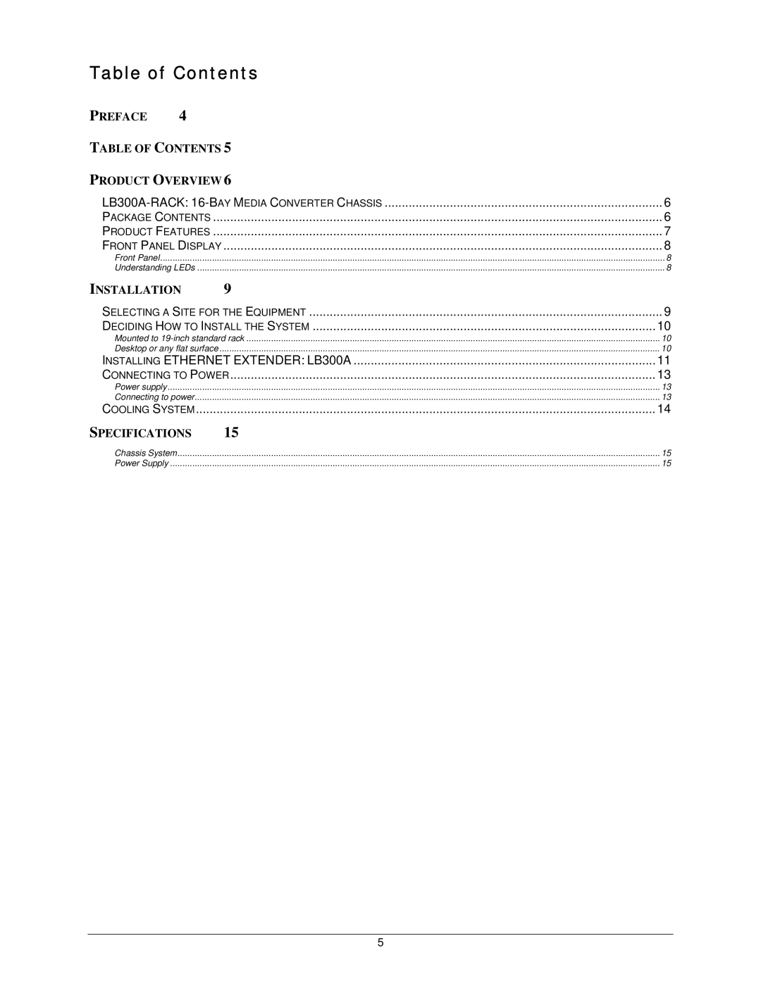 Black Box Ethernet Extender & Media Converter Rack, LB300A-RACK manual Table of Contents 