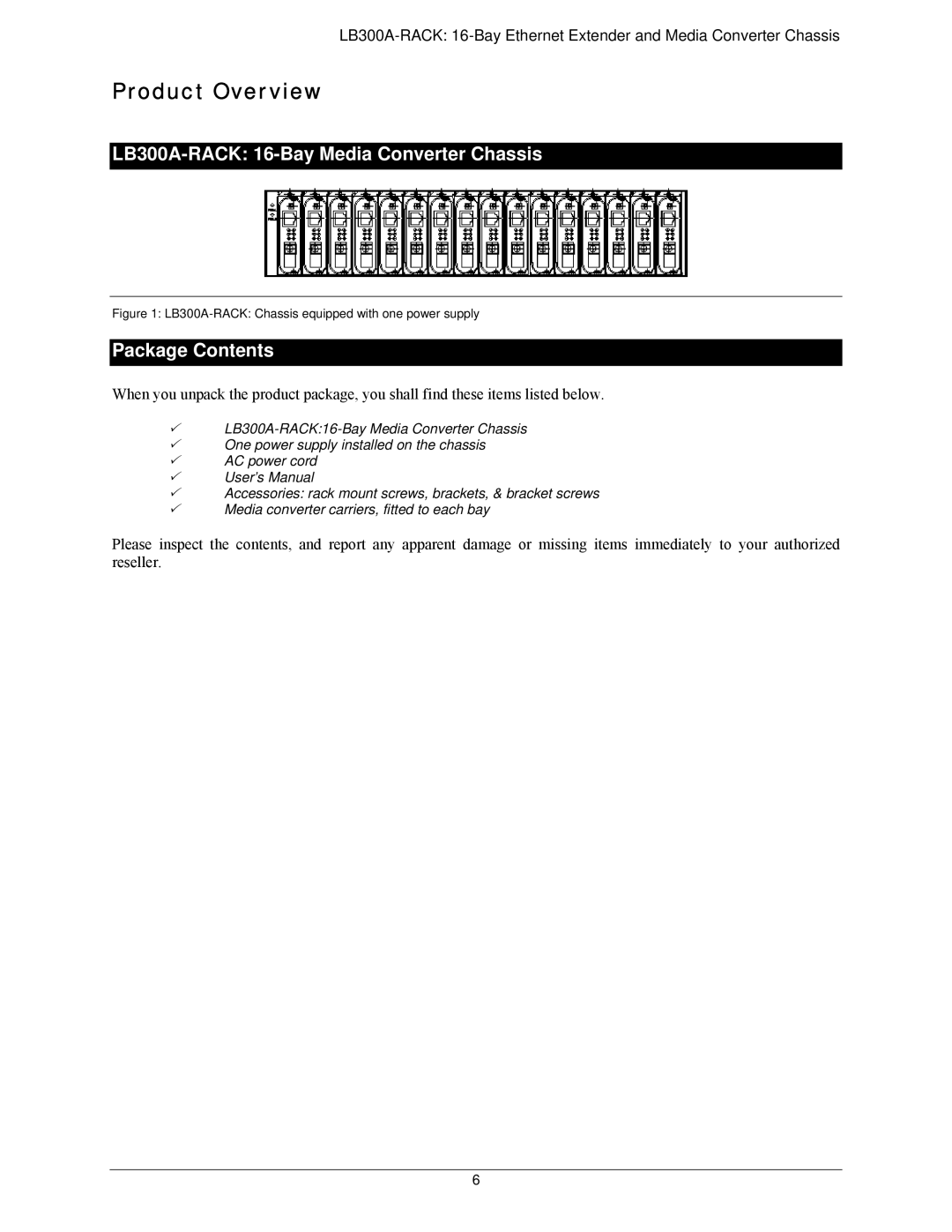 Black Box manual Product Overview, LB300A-RACK 16-Bay Media Converter Chassis, Package Contents 