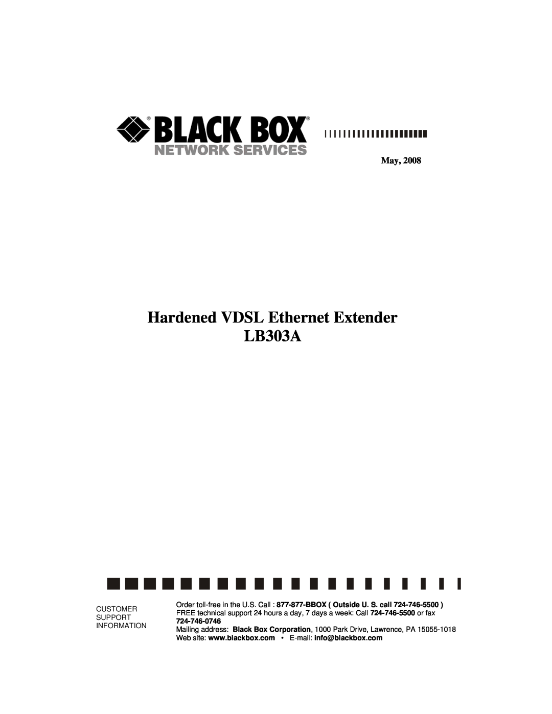 Black Box manual Hardened VDSL Ethernet Extender LB303A, Customer Support Information 