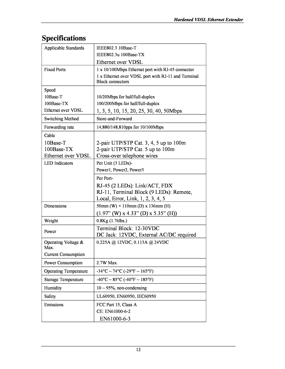 Black Box LB303A, Hardened VDSL Ethernet Extender manual Specifications 