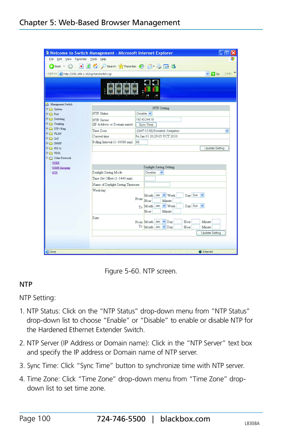 Black Box LB308A, 8-port 10/100base-tx hardened ethernet extender switch user manual NTP screen 