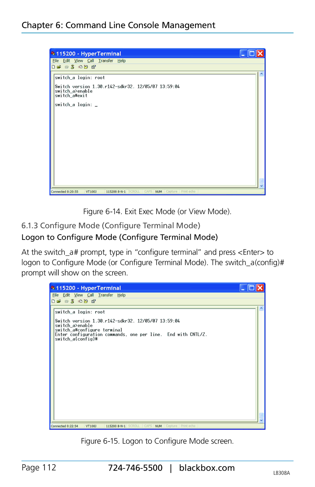 Black Box LB308A user manual Exit Exec Mode or View Mode, Configure Mode Configure Terminal Mode 