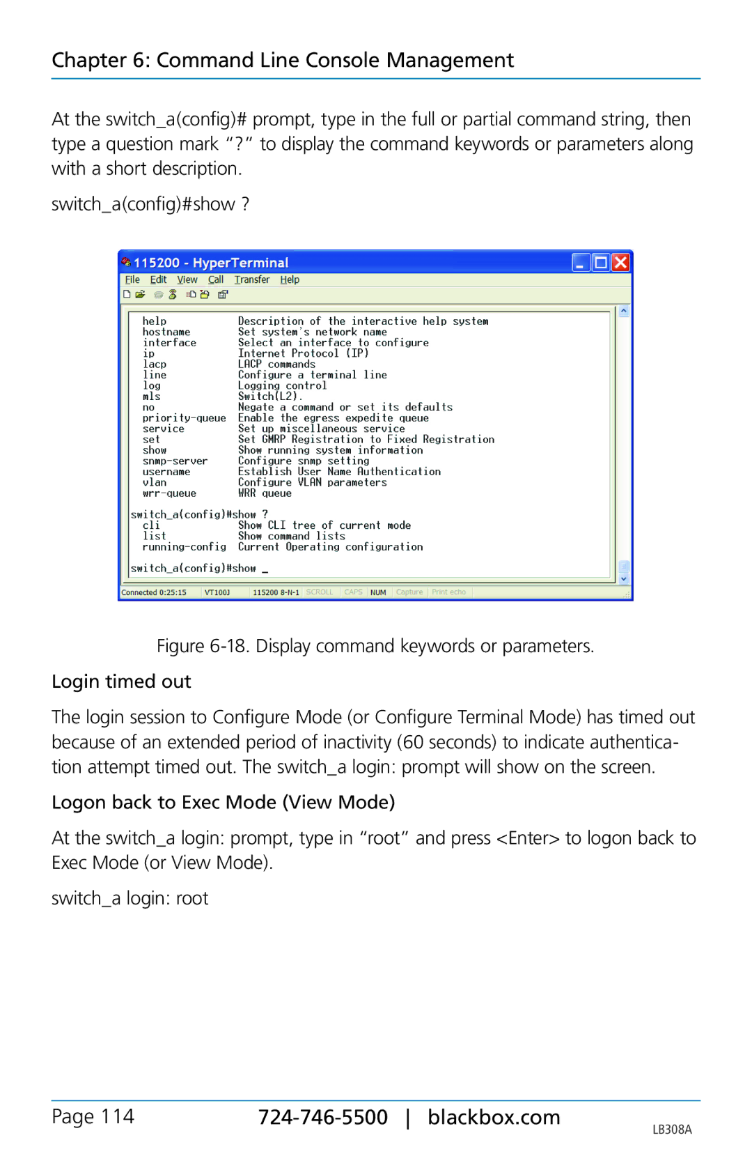 Black Box LB308A user manual Display command keywords or parameters Login timed out 