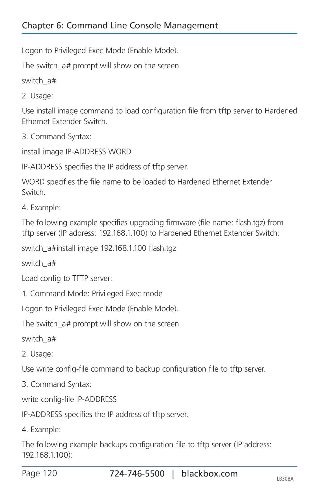 Black Box LB308A, 8-port 10/100base-tx hardened ethernet extender switch user manual Command Line Console Management 