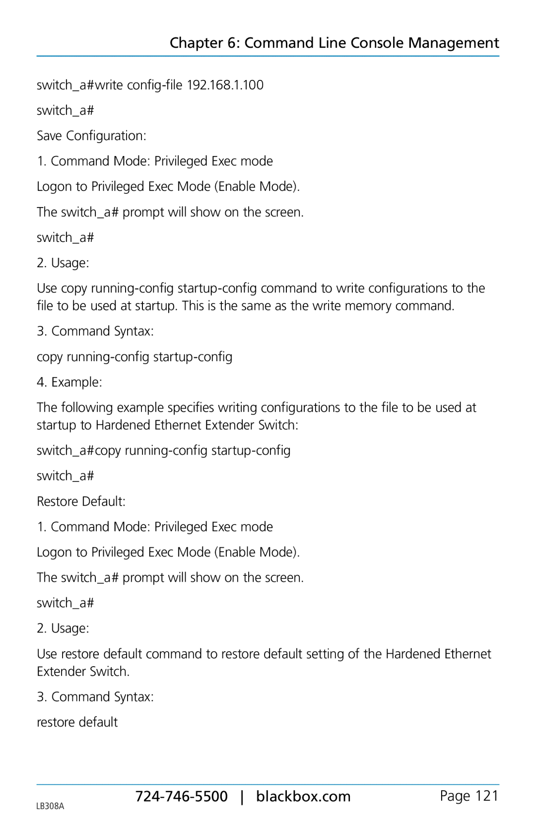 Black Box 8-port 10/100base-tx hardened ethernet extender switch, LB308A user manual Command Syntax restore default 