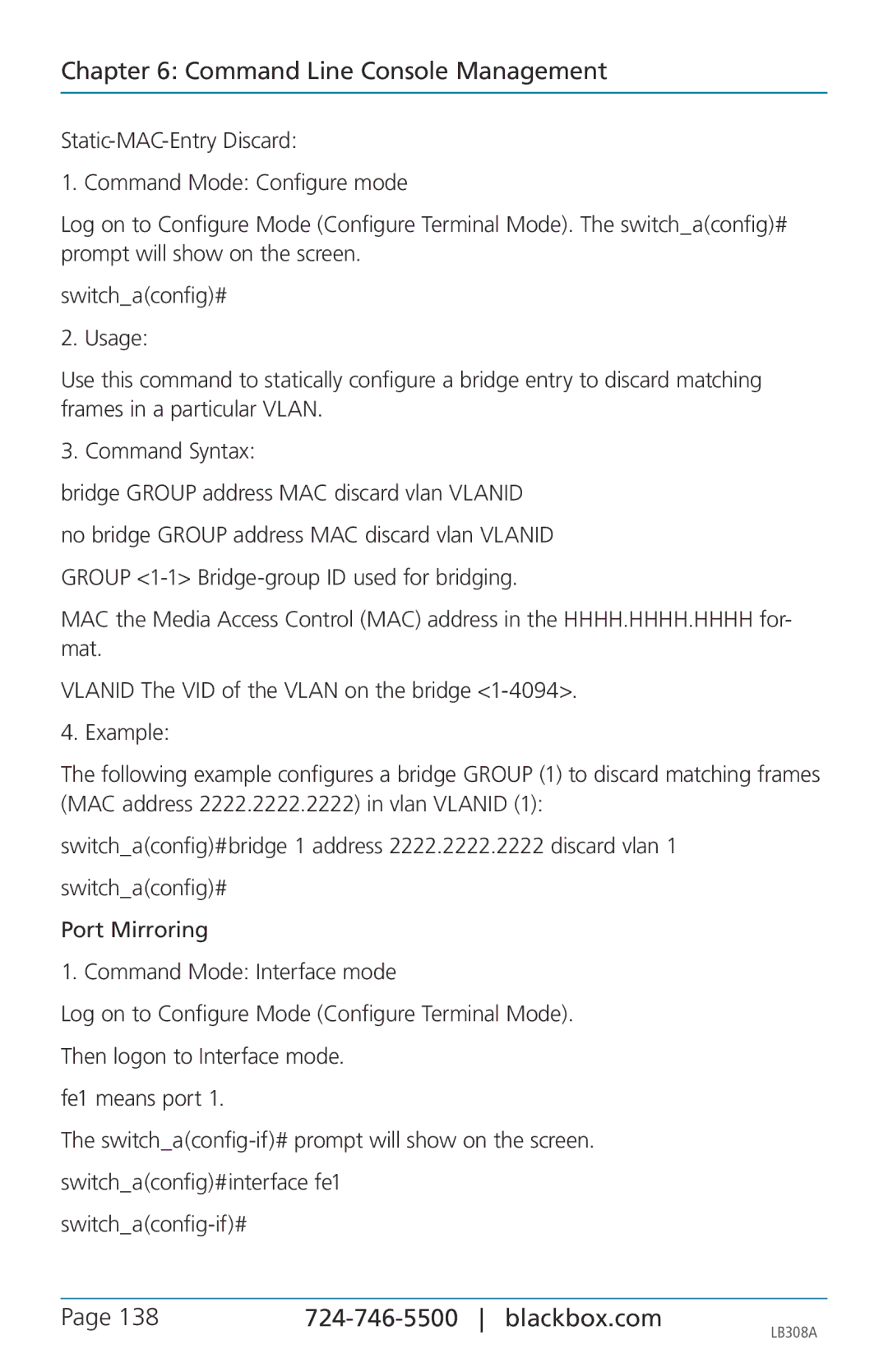 Black Box LB308A, 8-port 10/100base-tx hardened ethernet extender switch user manual Command Line Console Management 