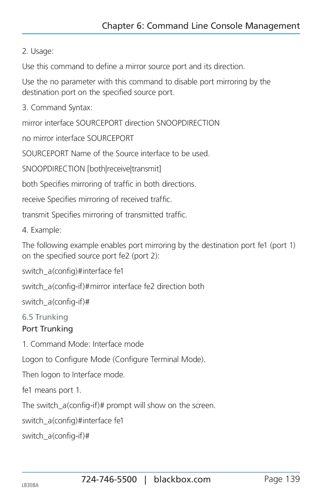 Black Box 8-port 10/100base-tx hardened ethernet extender switch, LB308A user manual Trunking Port Trunking 