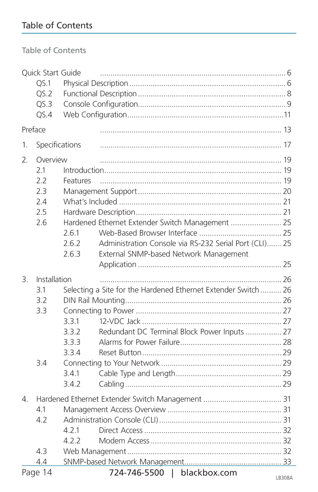 Black Box LB308A, 8-port 10/100base-tx hardened ethernet extender switch user manual Table of Contents 