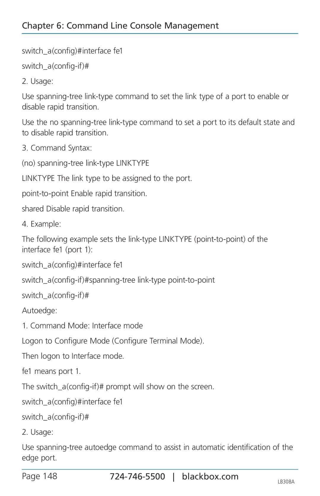 Black Box LB308A, 8-port 10/100base-tx hardened ethernet extender switch user manual Command Line Console Management 