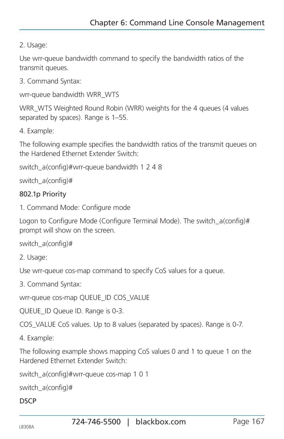 Black Box 8-port 10/100base-tx hardened ethernet extender switch, LB308A user manual Dscp 