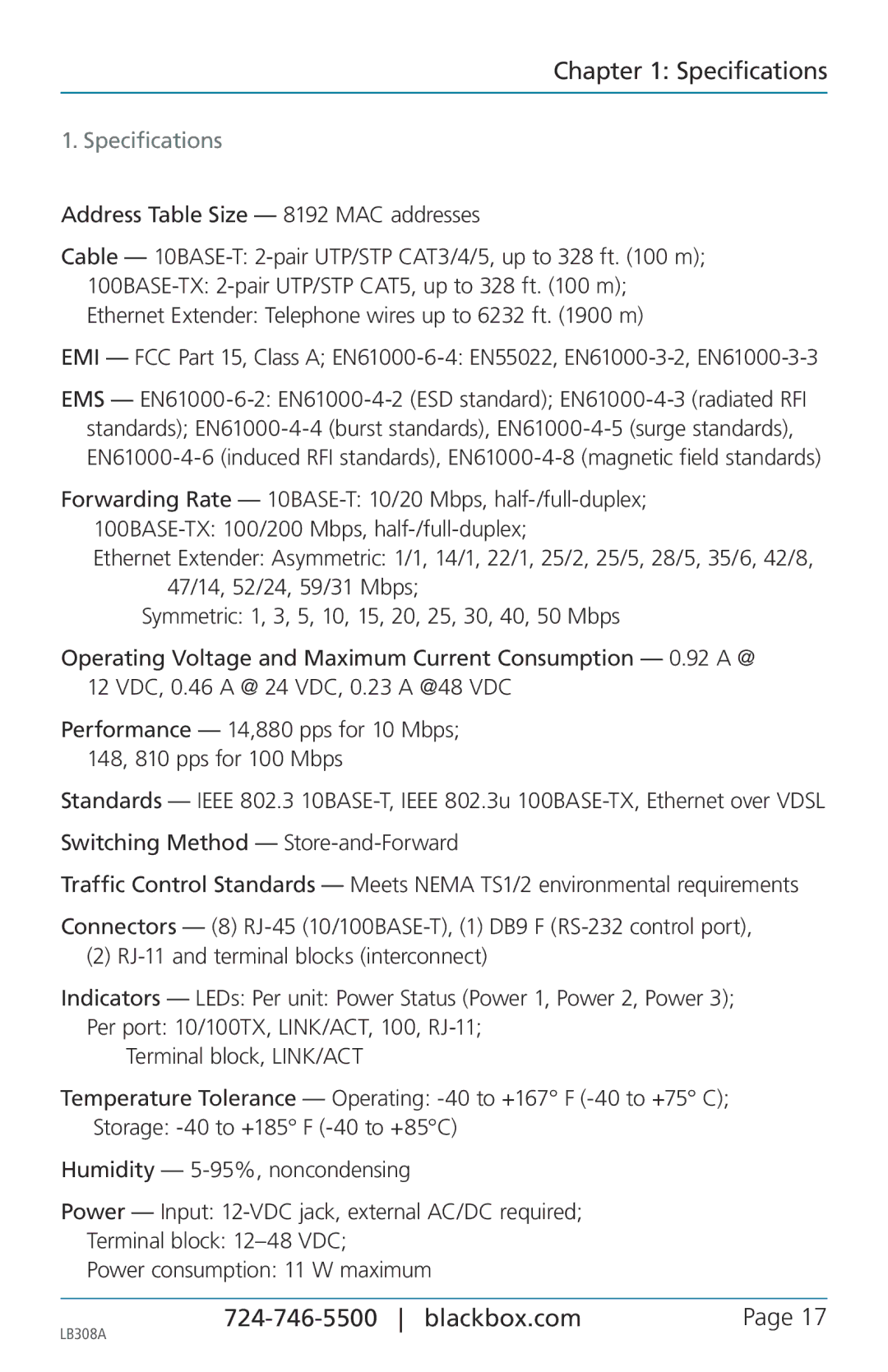 Black Box 8-port 10/100base-tx hardened ethernet extender switch, LB308A user manual Specifications 