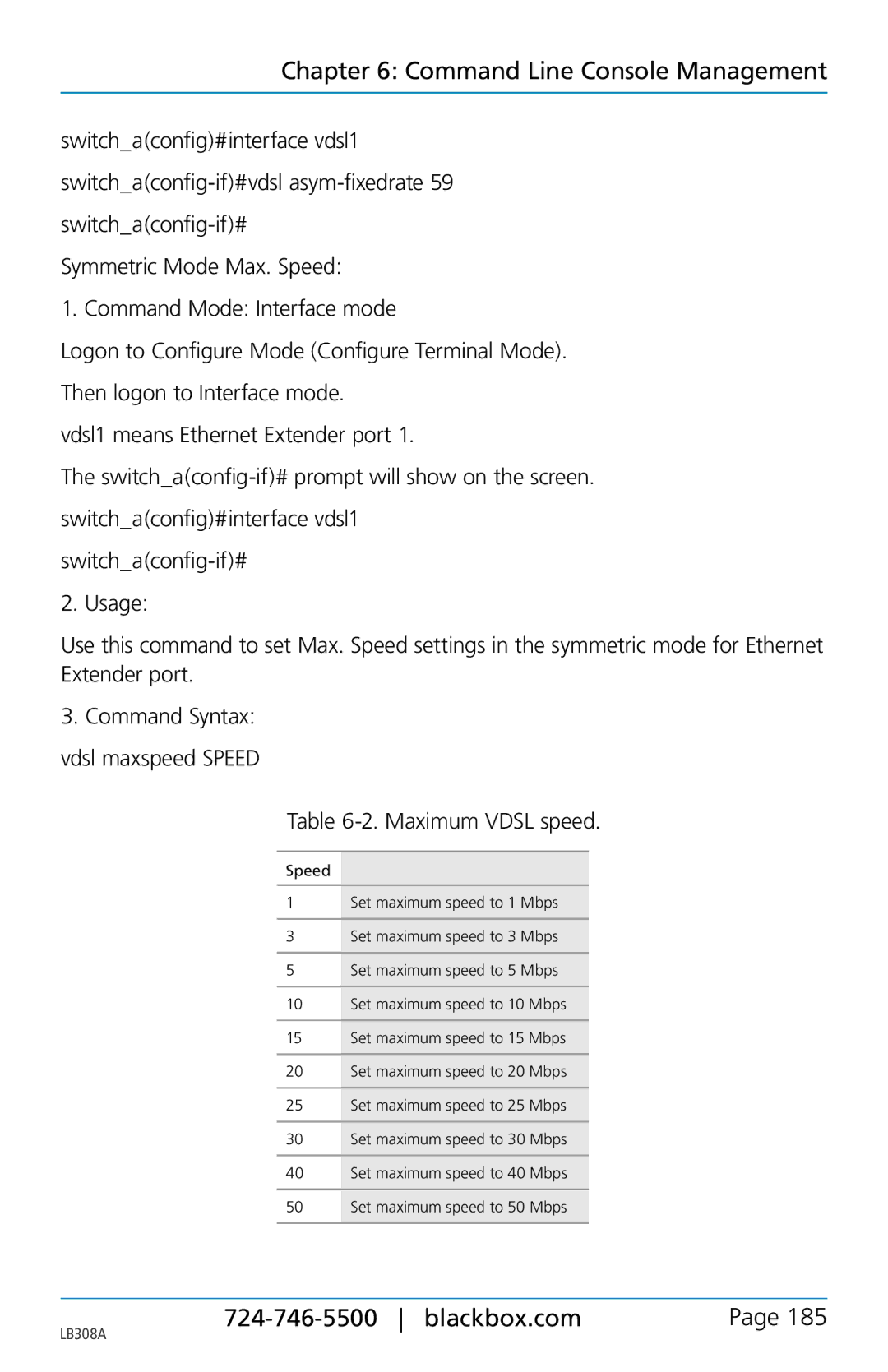 Black Box 8-port 10/100base-tx hardened ethernet extender switch, LB308A user manual Maximum Vdsl speed 