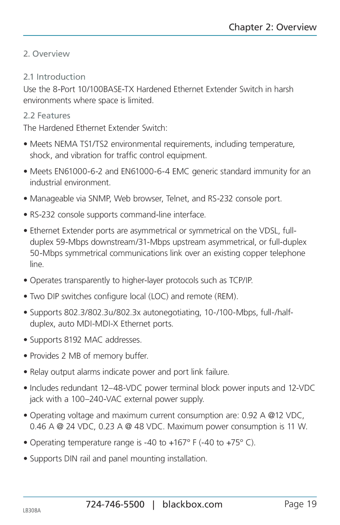 Black Box 8-port 10/100base-tx hardened ethernet extender switch, LB308A user manual Overview Introduction, Features 