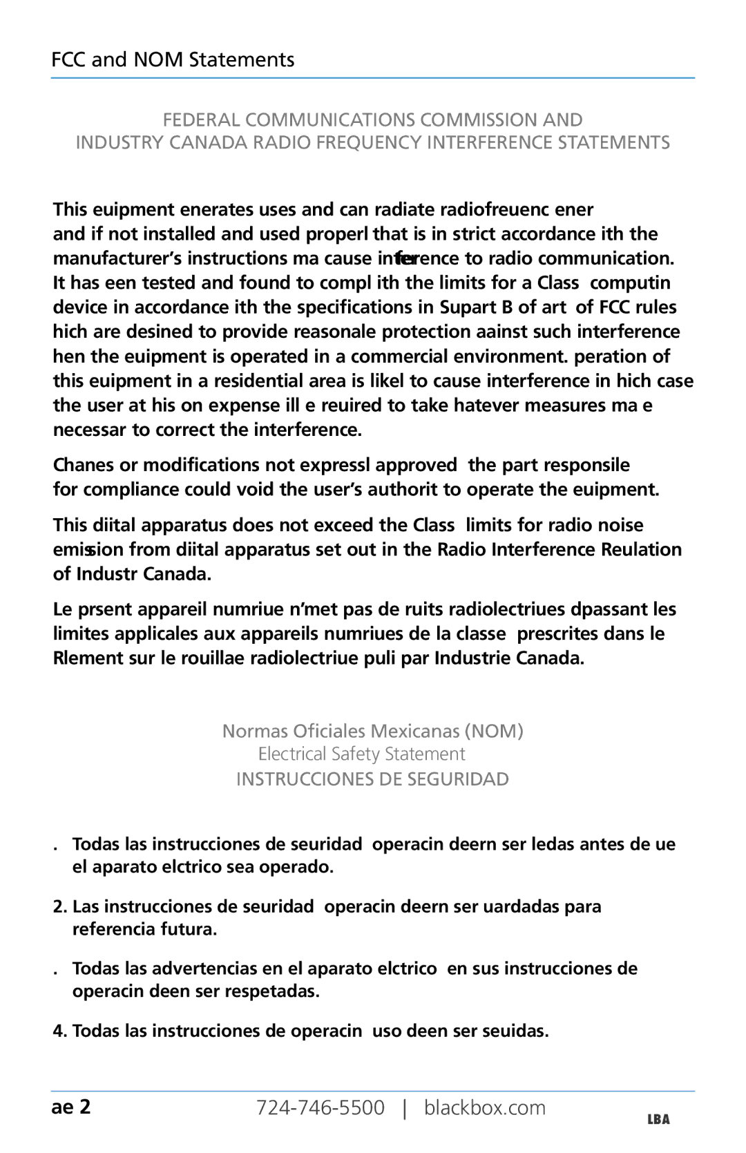 Black Box LB308A FCC and NOM Statements, Blackbox.com, Normas Oficiales Mexicanas NOM Electrical Safety Statement 