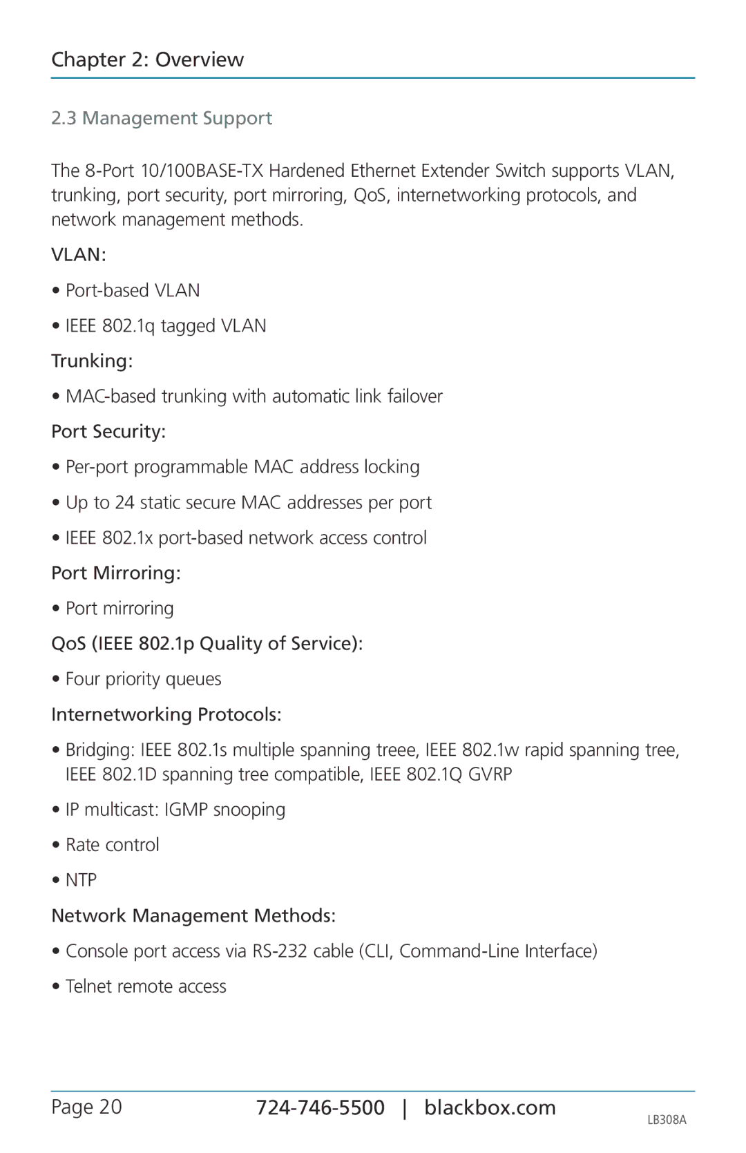 Black Box LB308A, 8-port 10/100base-tx hardened ethernet extender switch user manual Management Support, Ntp 