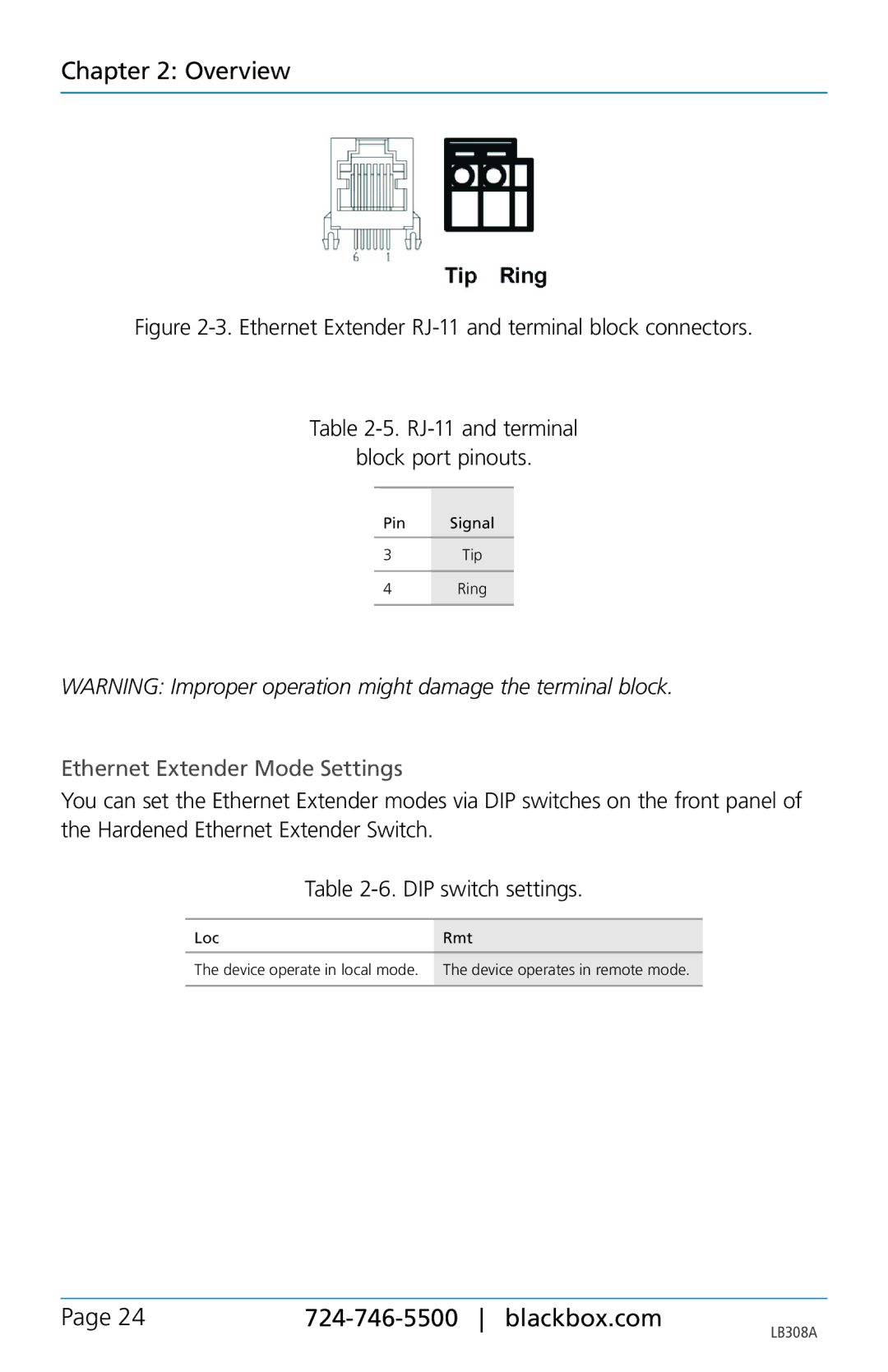 Black Box LB308A, 8-port 10/100base-tx hardened ethernet extender switch user manual Ethernet Extender Mode Settings 