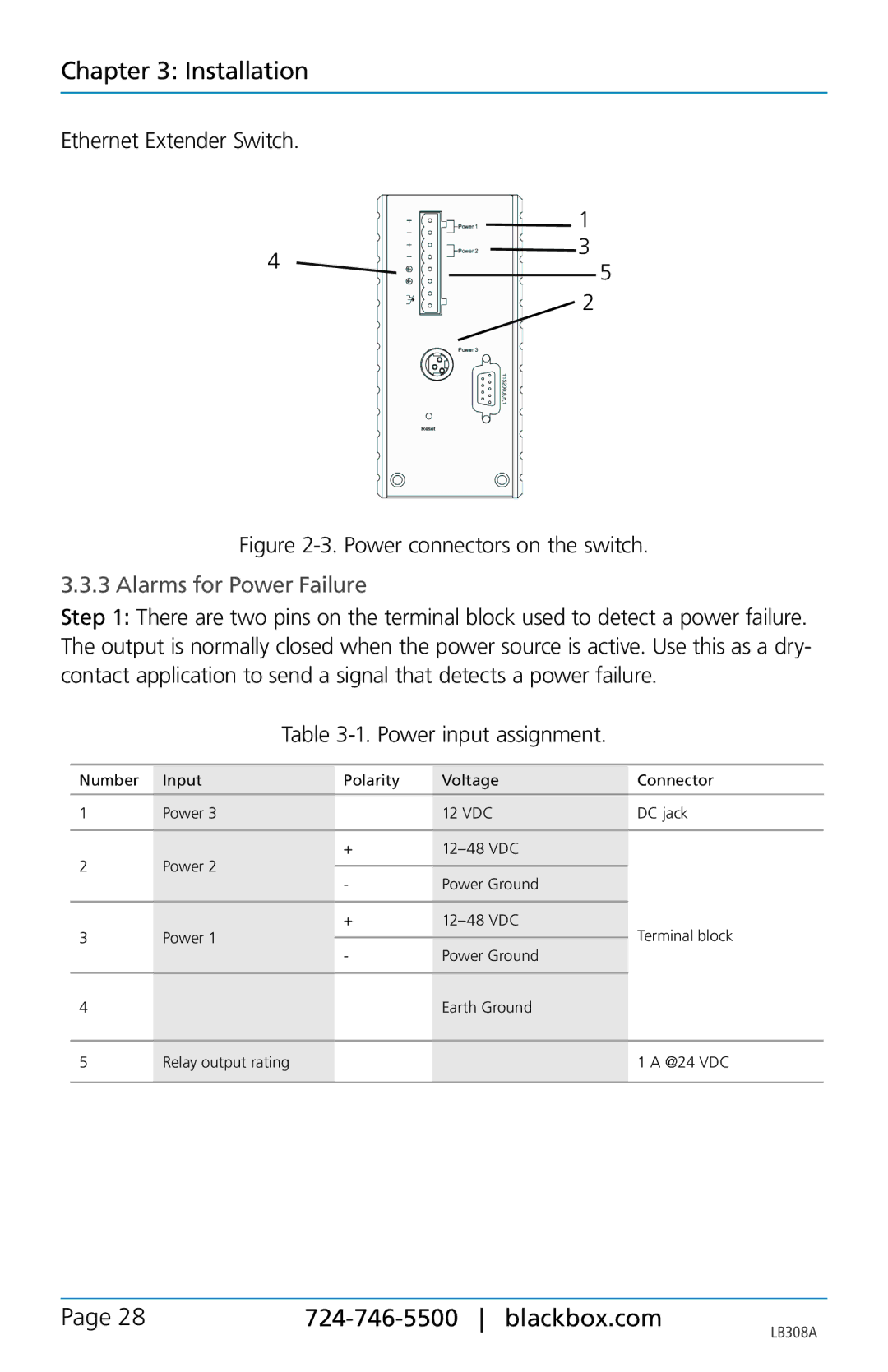 Black Box LB308A user manual Power connectors on the switch, Alarms for Power Failure 