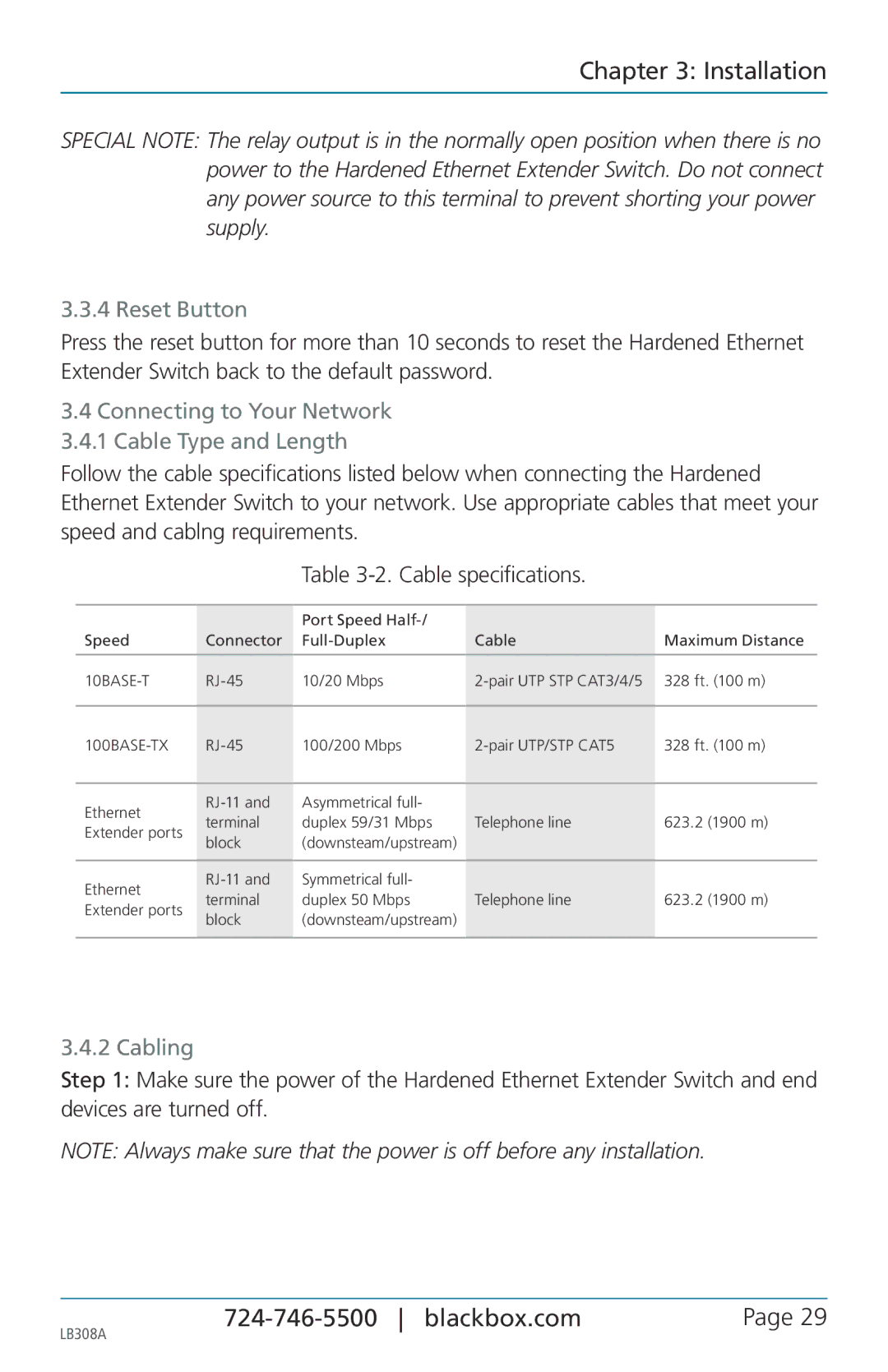 Black Box 8-port 10/100base-tx hardened ethernet extender switch, LB308A user manual Reset Button, Cabling 