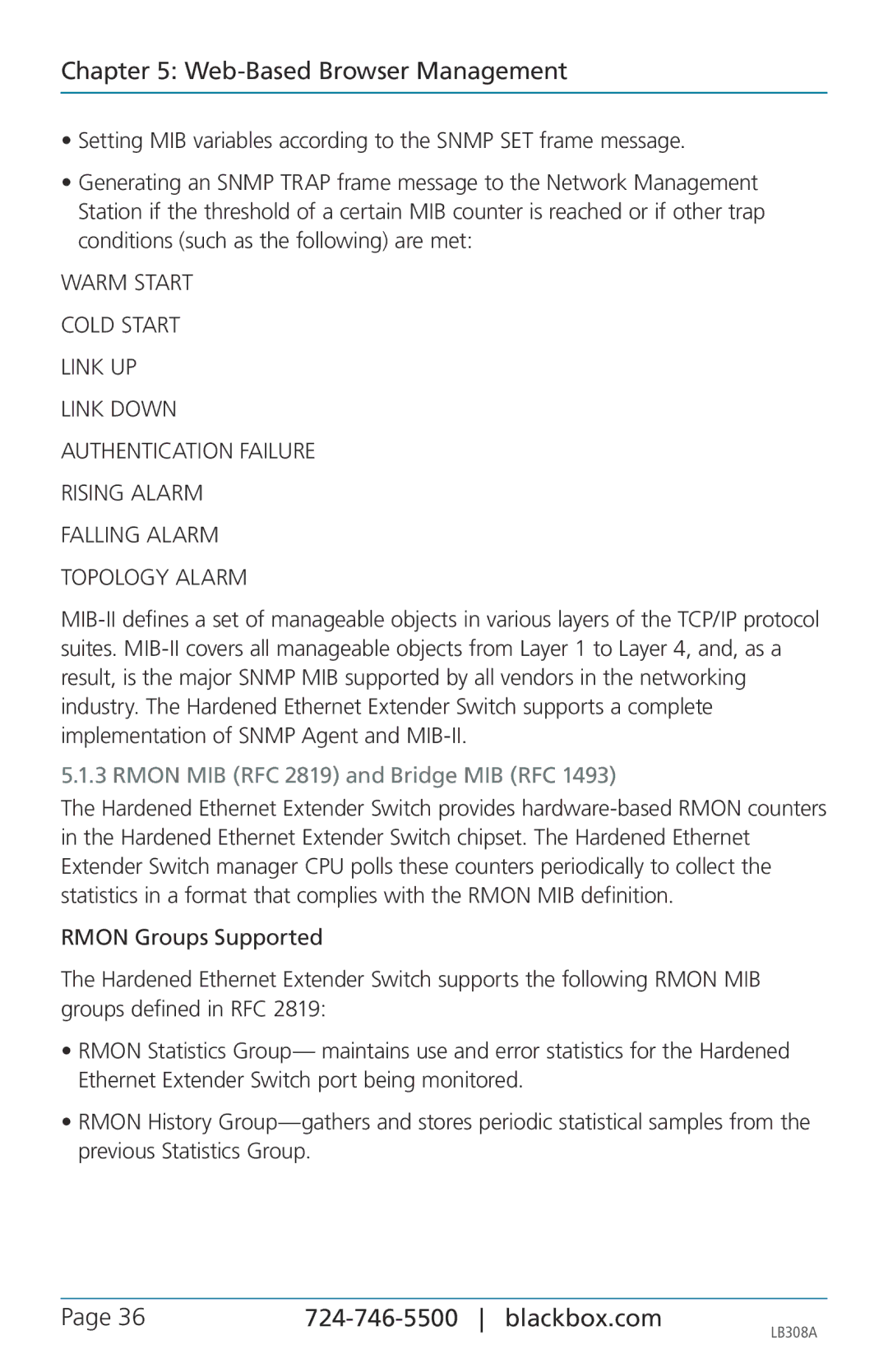 Black Box LB308A, 8-port 10/100base-tx hardened ethernet extender switch user manual Rmon MIB RFC 2819 and Bridge MIB RFC 
