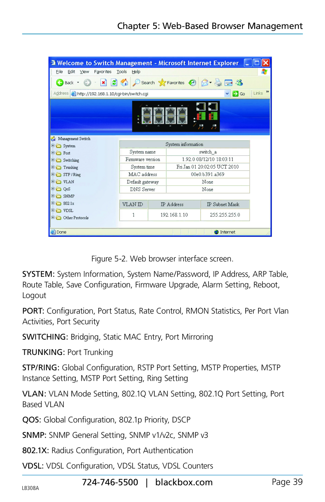 Black Box 8-port 10/100base-tx hardened ethernet extender switch, LB308A user manual Web-Based Browser Management 