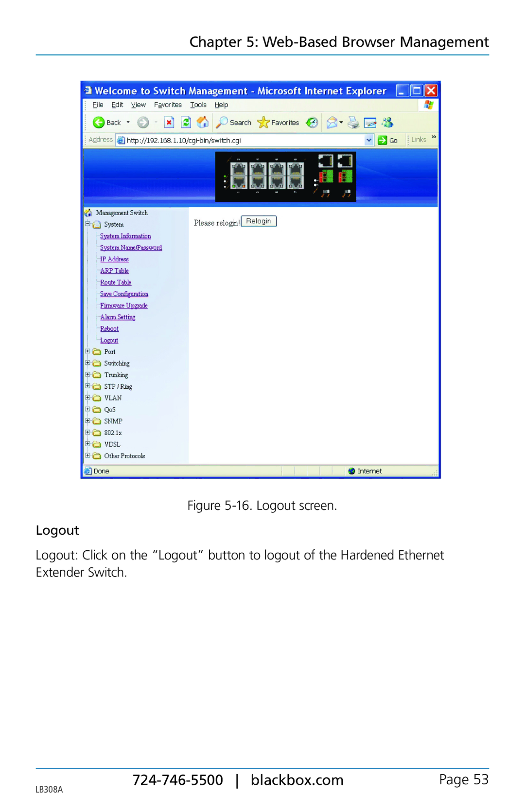Black Box 8-port 10/100base-tx hardened ethernet extender switch, LB308A user manual Web-Based Browser Management 