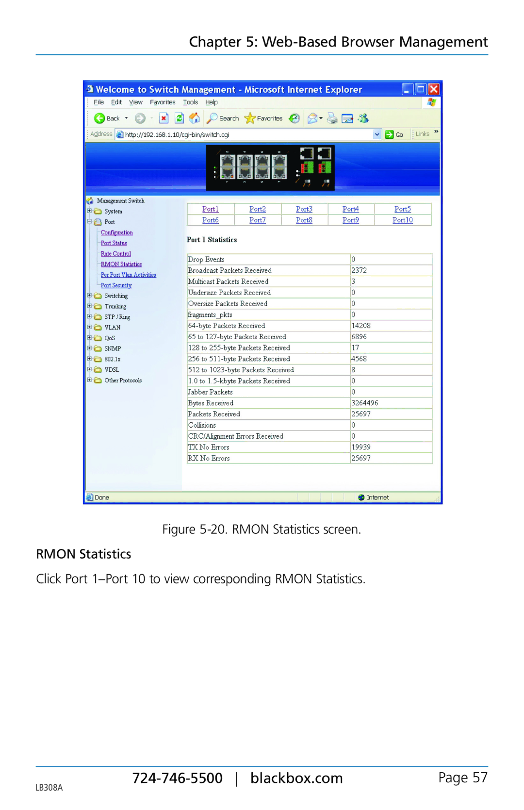 Black Box 8-port 10/100base-tx hardened ethernet extender switch, LB308A user manual Web-Based Browser Management 