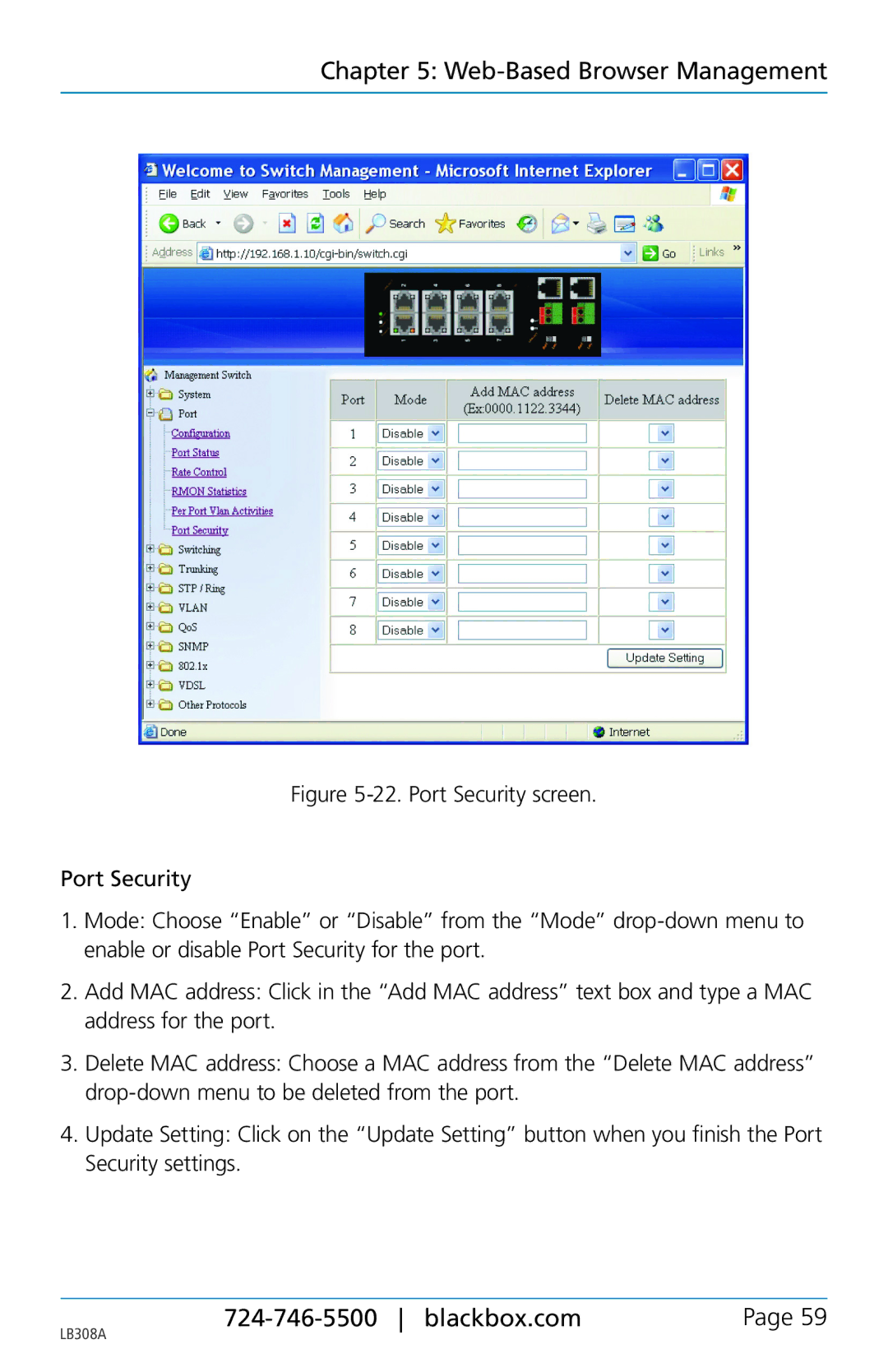 Black Box 8-port 10/100base-tx hardened ethernet extender switch, LB308A user manual Web-Based Browser Management 