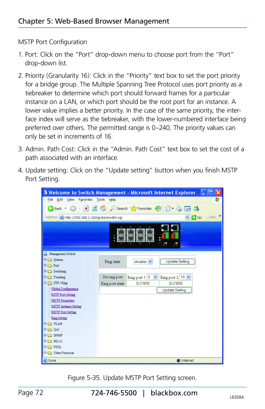 Black Box LB308A, 8-port 10/100base-tx hardened ethernet extender switch user manual Update Mstp Port Setting screen 