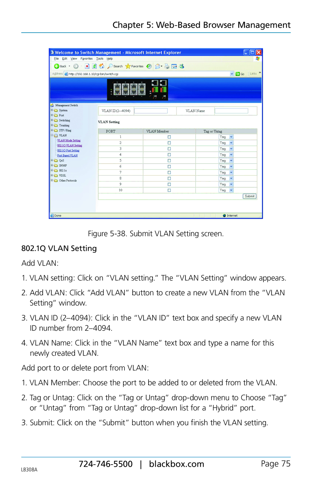 Black Box 8-port 10/100base-tx hardened ethernet extender switch, LB308A user manual Web-Based Browser Management 