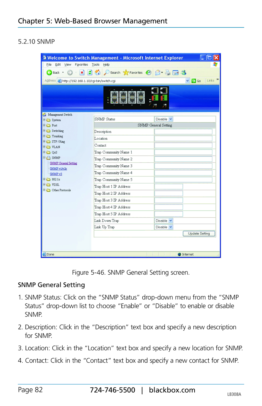 Black Box LB308A, 8-port 10/100base-tx hardened ethernet extender switch user manual Snmp 