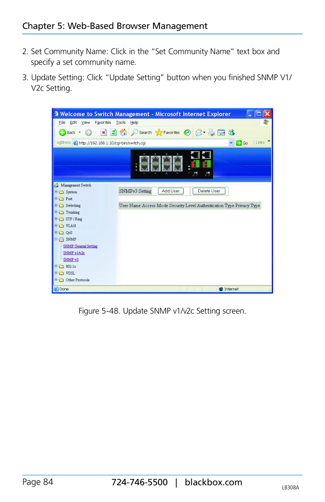 Black Box LB308A, 8-port 10/100base-tx hardened ethernet extender switch user manual Update Snmp v1/v2c Setting screen 