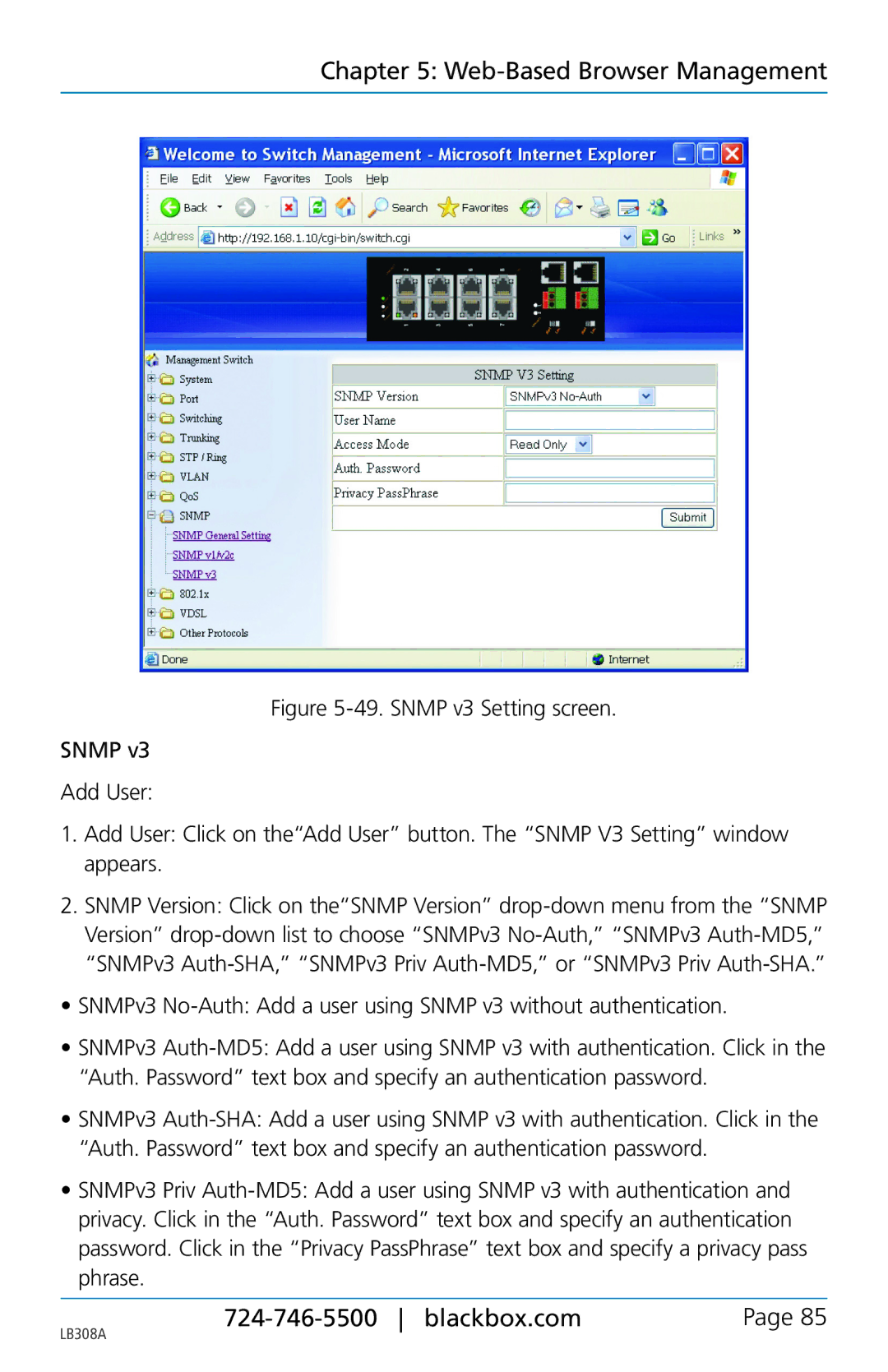 Black Box 8-port 10/100base-tx hardened ethernet extender switch, LB308A user manual Web-Based Browser Management 