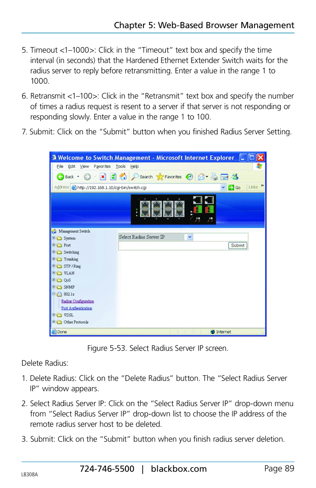 Black Box 8-port 10/100base-tx hardened ethernet extender switch, LB308A user manual Web-Based Browser Management 