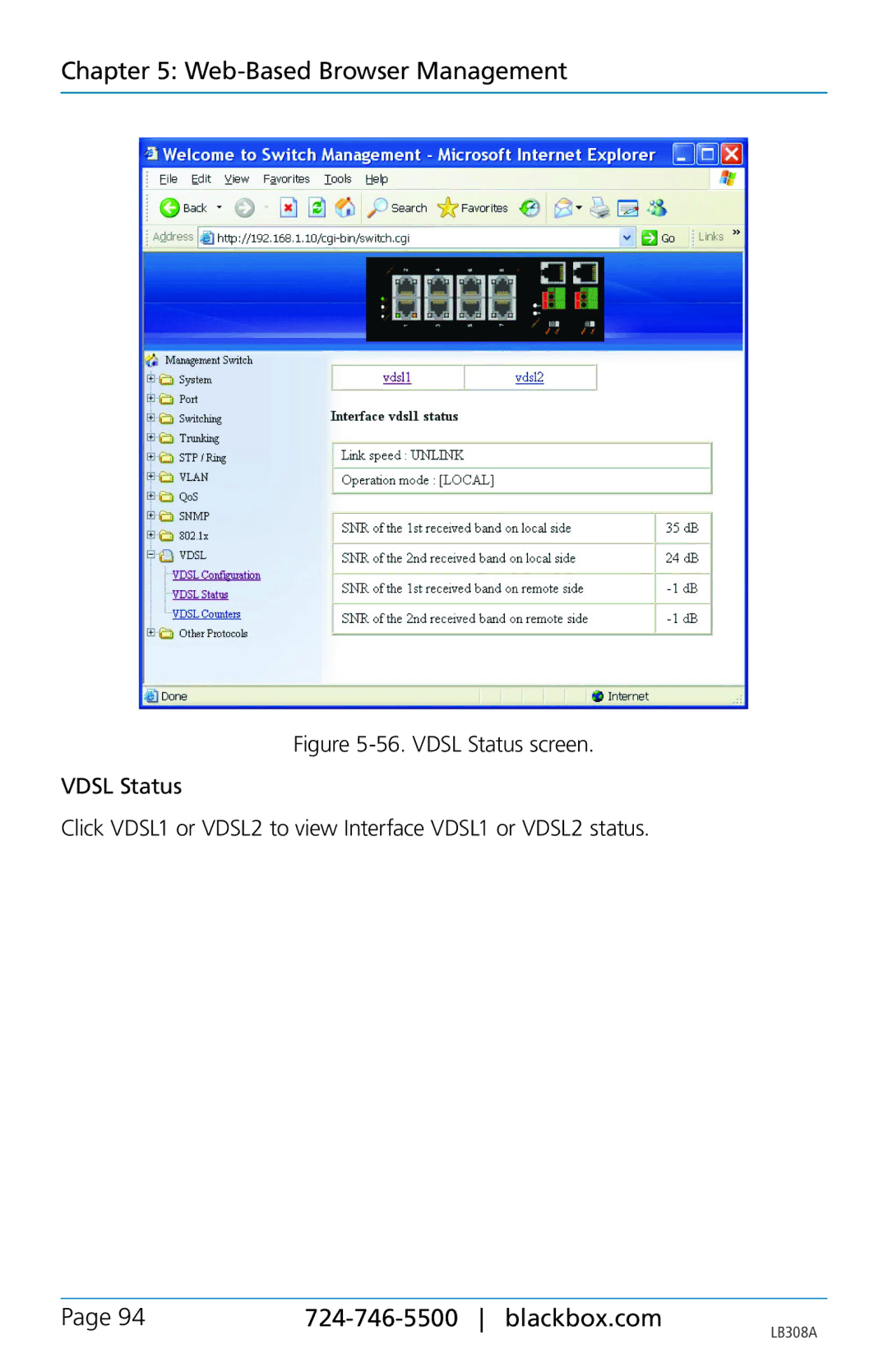 Black Box LB308A, 8-port 10/100base-tx hardened ethernet extender switch user manual Web-Based Browser Management 