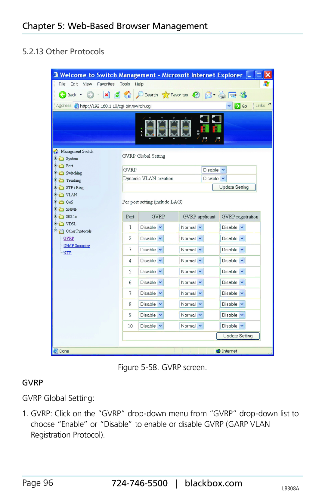 Black Box LB308A, 8-port 10/100base-tx hardened ethernet extender switch user manual Other Protocols, Gvrp screen 